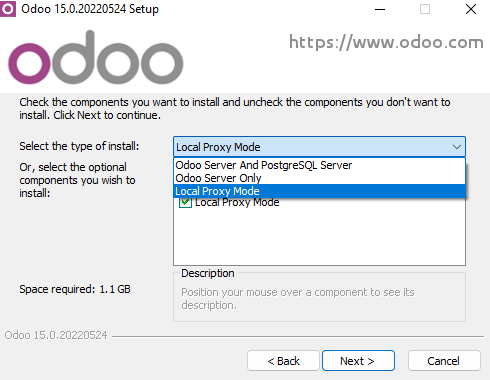 Selection of "Local Proxy Mode" during the installation of Odoo Community.