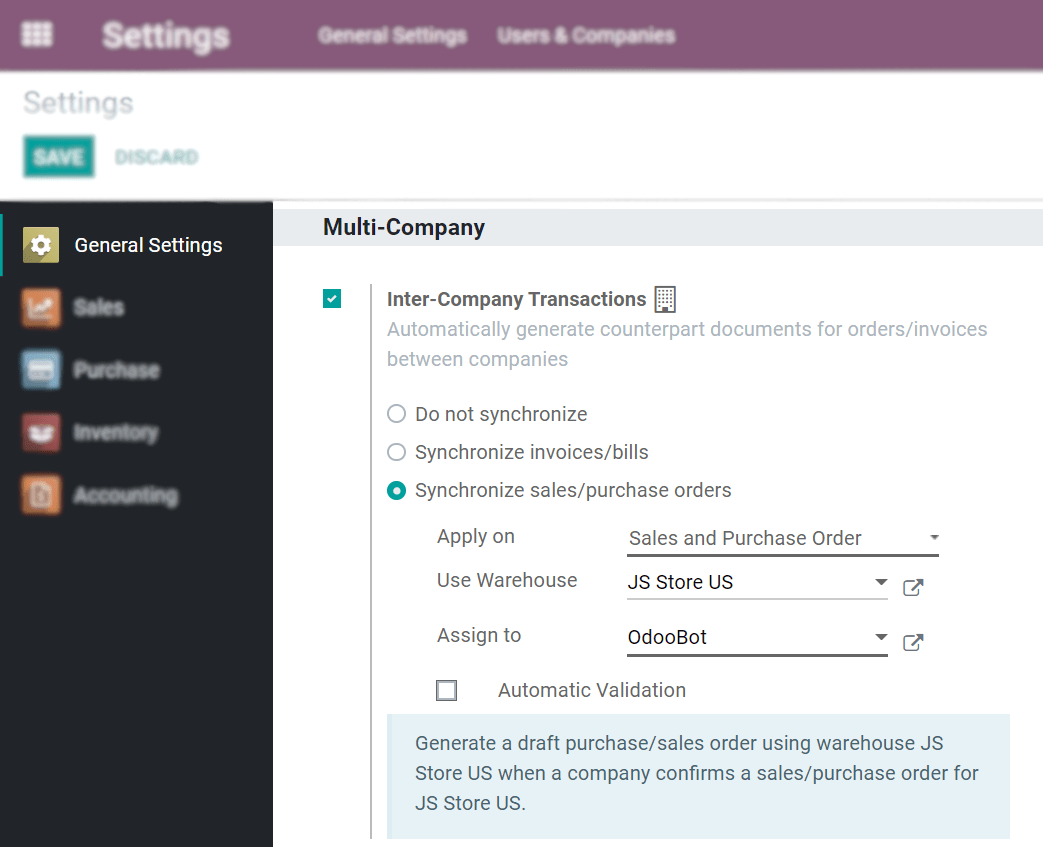 View of the settings page emphasizing the inter company transaction field in Odoo