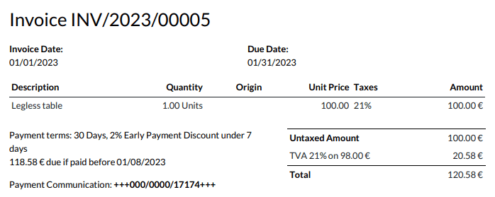 An invoice of €100.00 with the following text added to the terms and conditions: "30 Days, 2% Early Payment Discount under 7 days. 118.58 € due if paid before 01/08/2023."