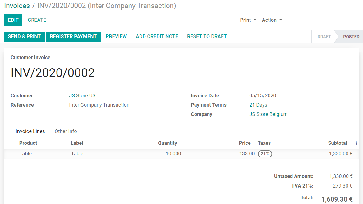 View of an invoice for JS Store US created on JS Store Belgium in Odoo