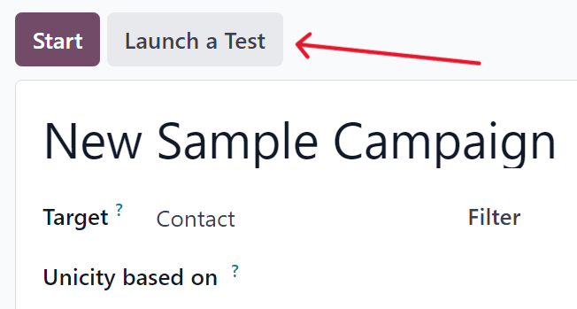 Launch a test button in Odoo Marketing Automation.