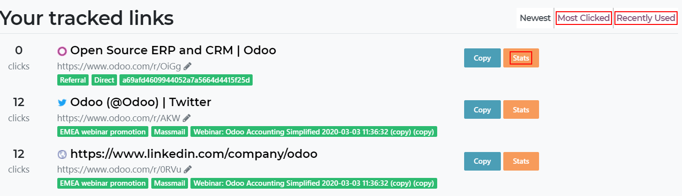 View of the tracked list emphasizing the statistics buttons in Odoo Website