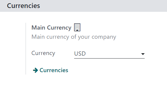 How the main currency feature appears on settings page in Odoo Accounting.