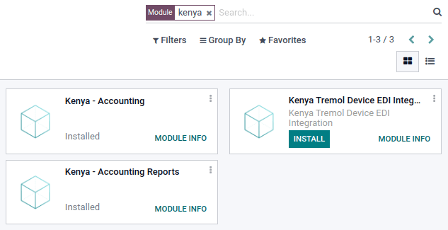 The three modules for the Kenya Fiscal Localization Package on Odoo