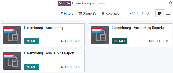 The three modules for the Luxembourgish Fiscal Localization Package on Odoo