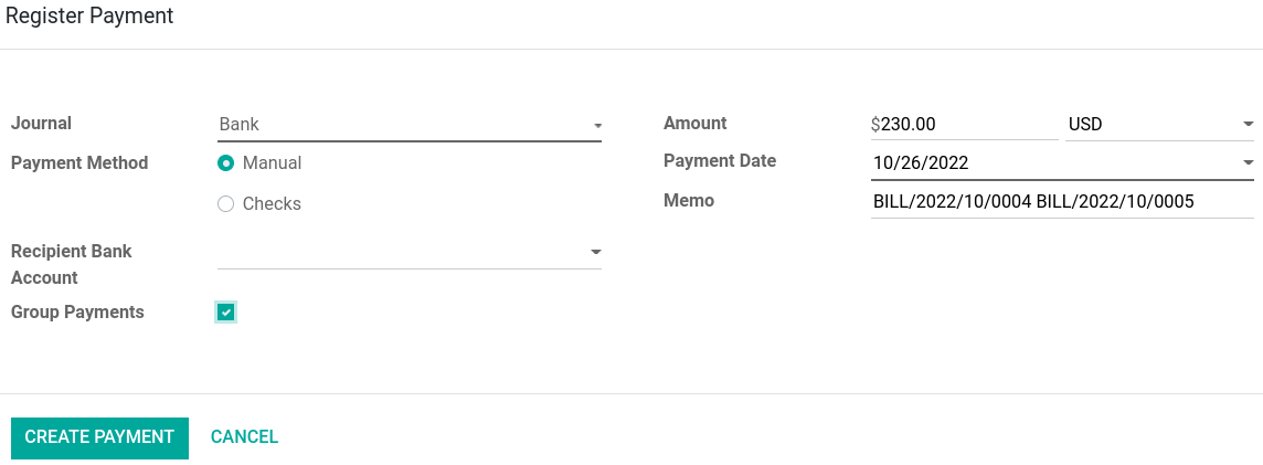 Group payments options when registering a payment.