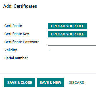 Certificate and key upload inputs.