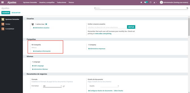 Update the company's details in the Settings of Odoo