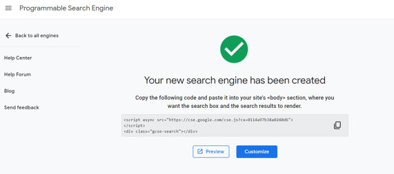 The Your New Search Engine Has Been Created page that appears with copy code.
