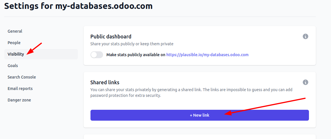 Adding a shared link in the Visibility tab