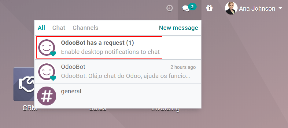 View of the messages under the messaging menu emphasizing the request for push notifications for Odoo Discuss
