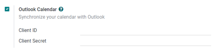 The "Outlook Calendar" setting activated in Odoo.
