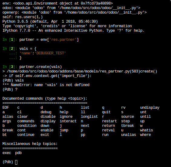 Console screenshot showing ``pdb`` running in an Odoo.sh shell.