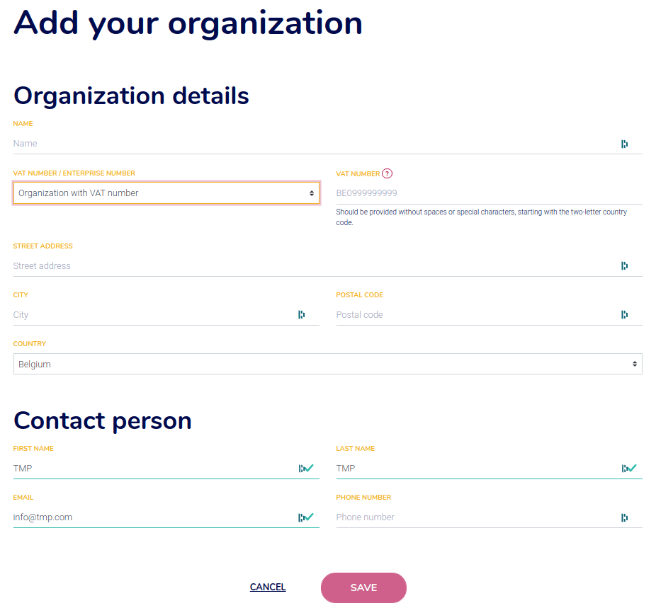 Fill out the form to add an organization in Ponto.