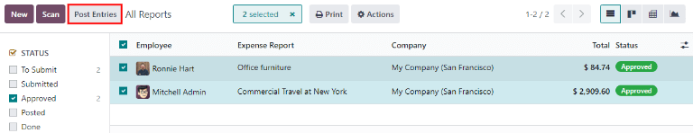Post multiple reports at a time from the Expense Reports view, with the Approved filter.