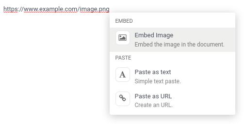 The Powerbox opened with custom categories and commands when pasting an image URL.