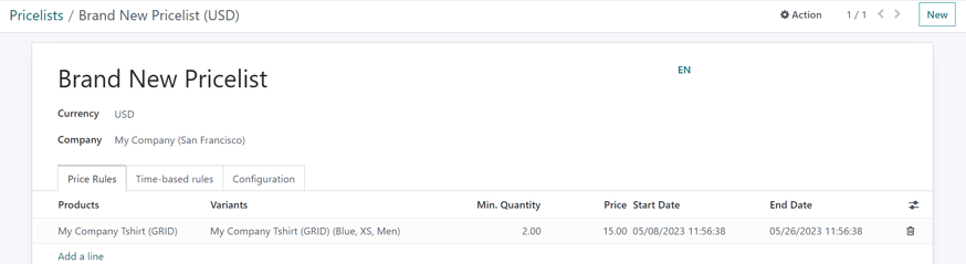 How the pricelist detail form looks in Odoo Sales.