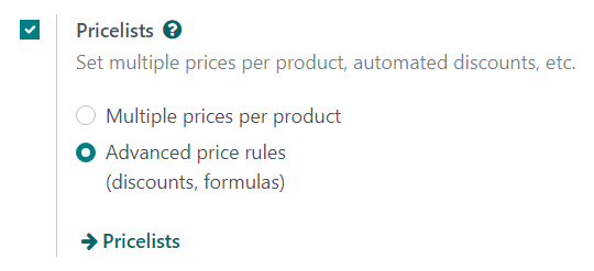 How the pricelist feature setting looks in Odoo Sales.
