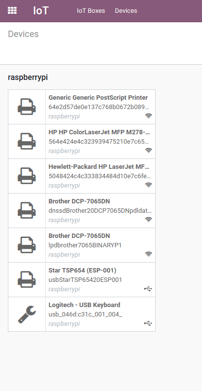 The printer devices listed in the IoT Devices menu.