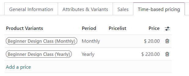 Product variants on the "Time-based pricing" tab of the product form.