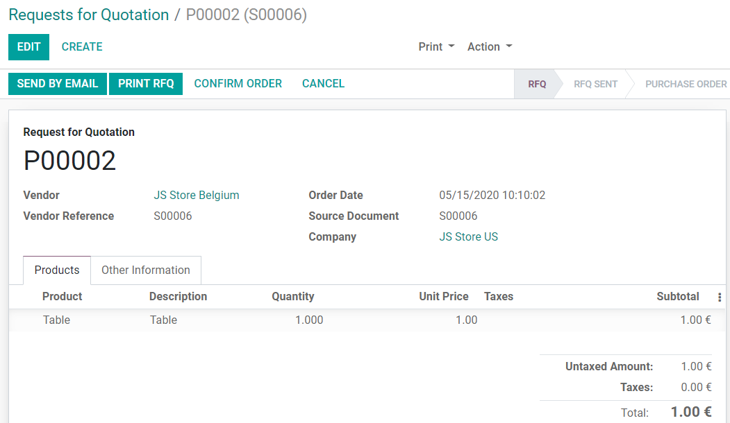View of the purchase created on JS Store US from JS Store Belgium in Odoo