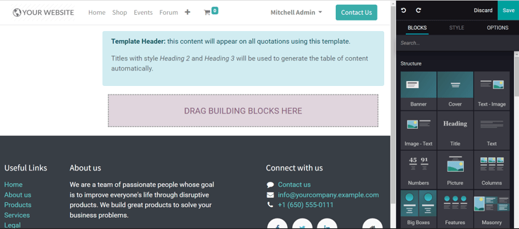 Drag and drop building blocks to create your quotation template on Odoo Sales.