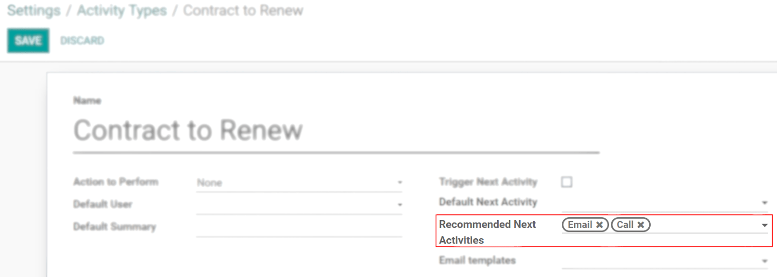 View of an activity type form emphasizing the field recommended next activities for Odoo Discuss