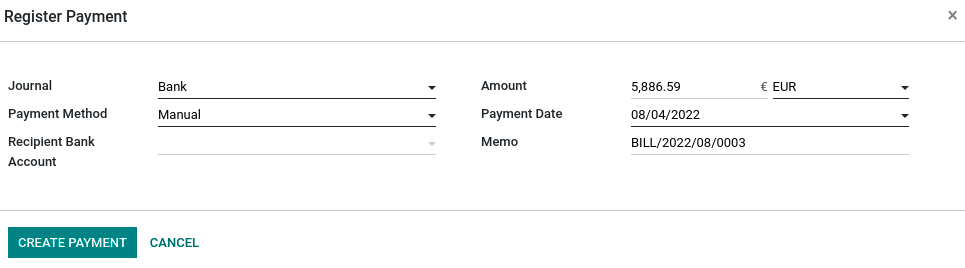 Select the currency and journal to use before registering the payment.