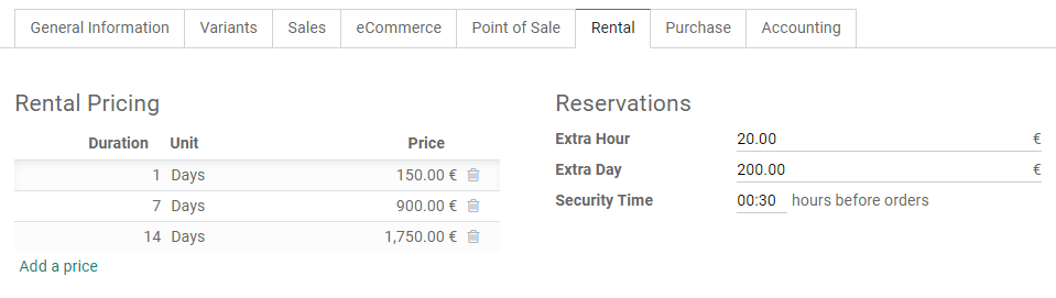 Example of rental pricing configuration in Odoo Rental