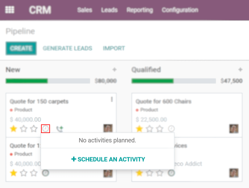 View of crm leads and the option to schedule an activity for Odoo Discuss