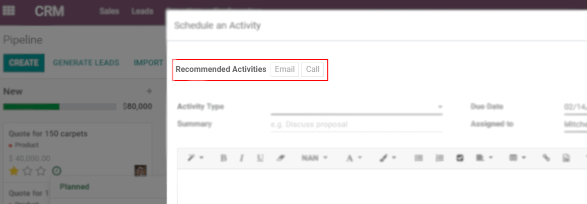 View of an activity being schedule emphasizing the recommended activities field being shown for Odoo Discuss