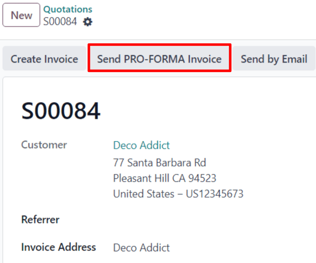 The Send Pro-Forma Invoice button on a typical sales order in Odoo Sales.