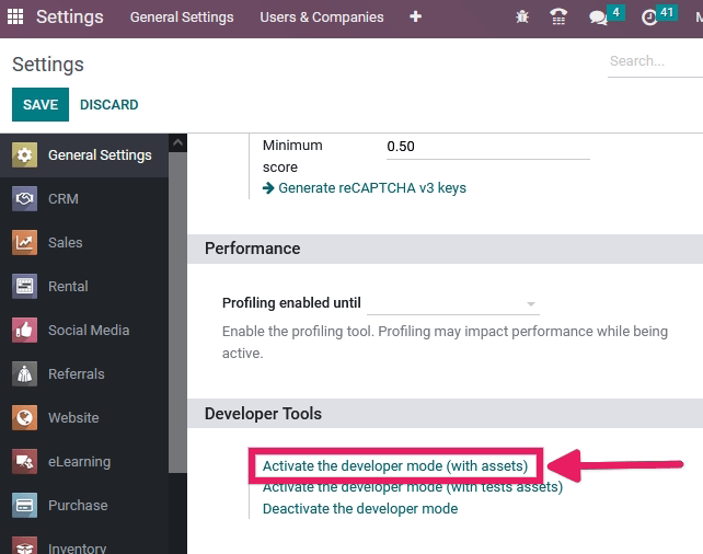Overview of the debug options under settings in Odoo.