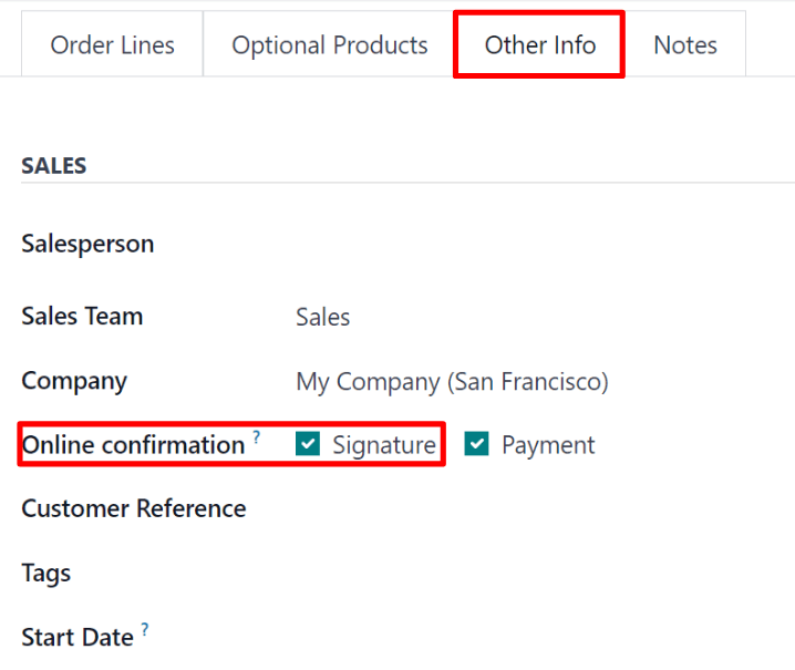 The online signature feature option in the Other Info tab of a quotation form in Odoo.