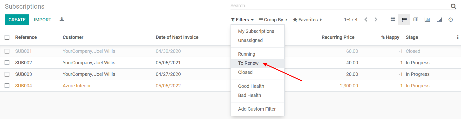 List view of all subscriptions and use of the filter to renew in Odoo Subscriptions