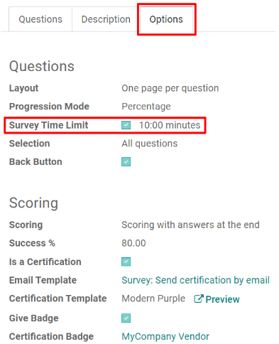 Time limit field in the options tab of a survey template form.