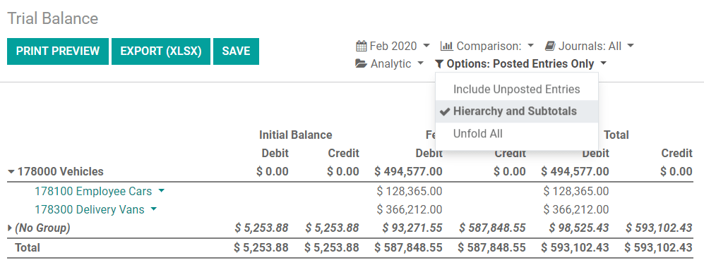 Account Groups in the Trial Balance in Odoo Accounting