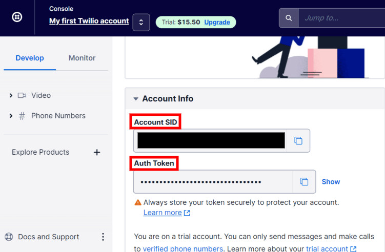 The Twilio Account SID and Auth Token can be found uner the Account Info section.