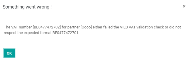 Odoo displays an error message instead of saving when the VAT number is invalid