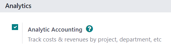How it looks to activate the Analytic Accounting setting in Odoo Accounting Setting page.