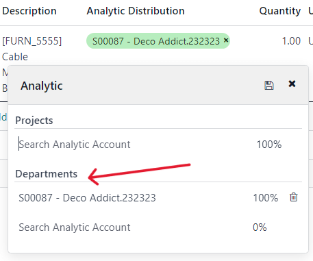 How to select the Analytic Distribution department from a purchase order in Odoo.