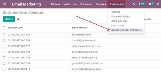 在Odoo邮件营销中查看黑名单电子邮件地址页面。