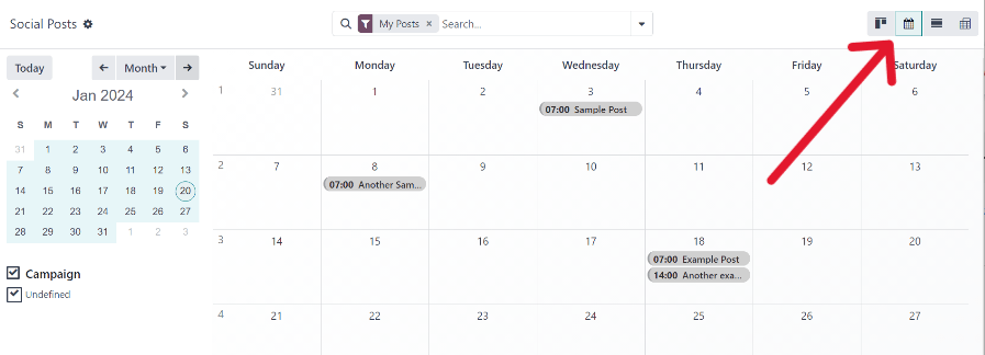 Odoo社交营销中的日历视图示例。