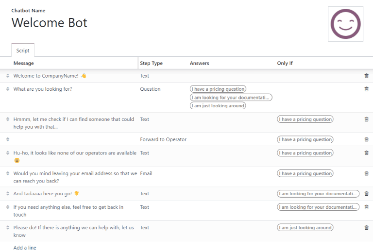 在Odoo Live Chat中查看欢迎机器人脚本。