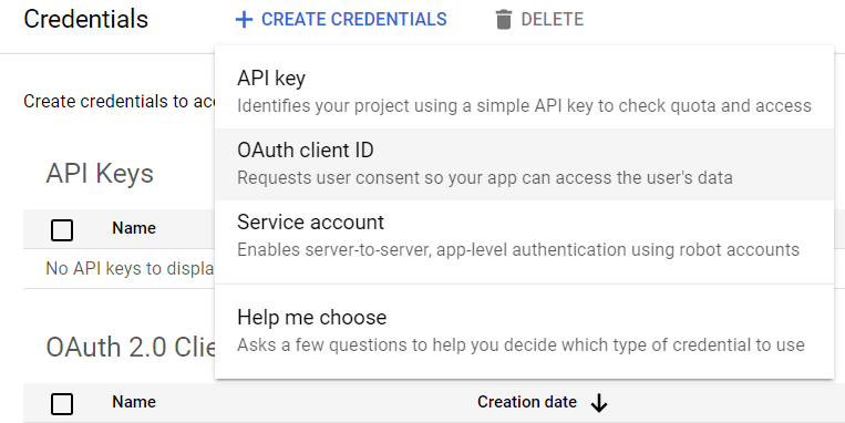OAuth客户端ID选择。