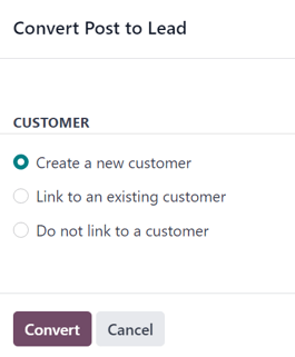 The convert post to lead pop-up window that appears in Odoo Social Marketing.