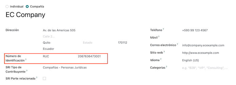 在Odoo联系人中填写厄瓜多尔公司数据。