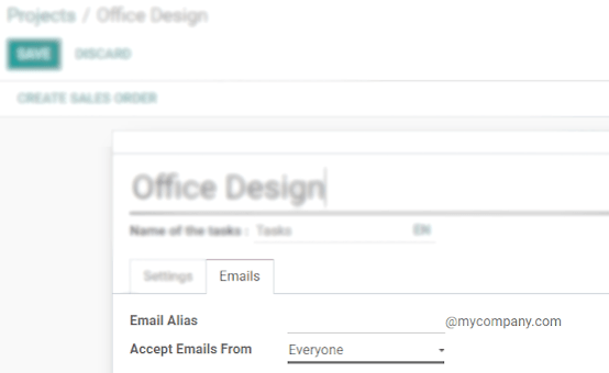 在Odoo项目中，您可以在设置中的电子邮件选项卡下定义电子邮件别名。