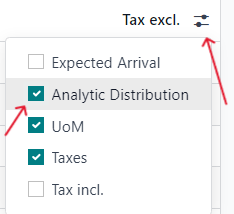 How to add analytic distribution column on purchase order form in Odoo Purchase.