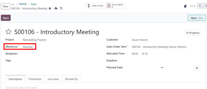 The milestone field on the task form when dealing with milestone products in Odoo Sales.